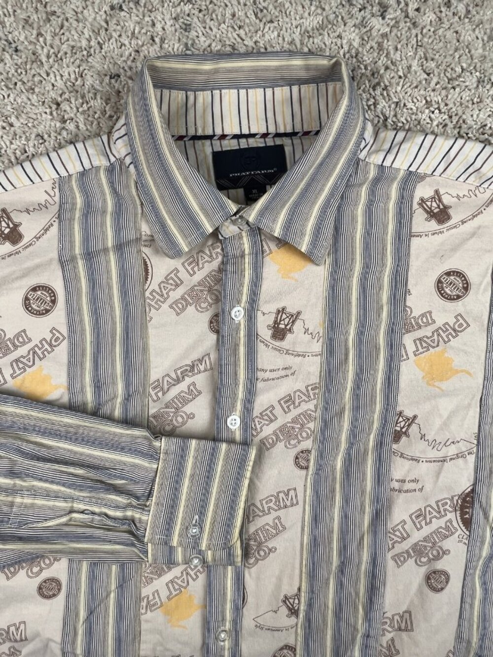 Phat Farm Denim Mens Long Sleeve Button Up Shirt Western XL Western Print Beige